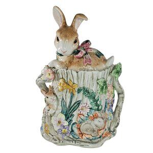 Vintage Fitz & Floyd Woodland Spring Bunny Rabbit Canister Jar *Chips*
